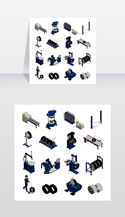 轮胎生产等距图标与工业设备制造和维护汽车矢量图