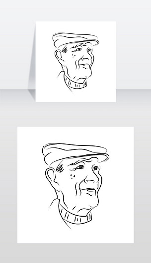 原创一位戴着帽子的老人的画像草图黑白图形