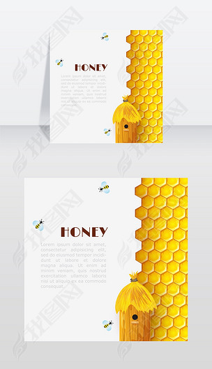 蜂蜜背景与六边形蜂窝蜂巢和大黄蜂昆虫矢量插图