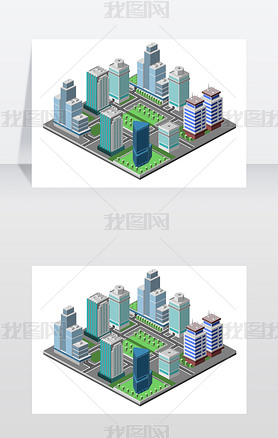 现代城市概念与等距摩天楼写字楼三维建筑装矢量图