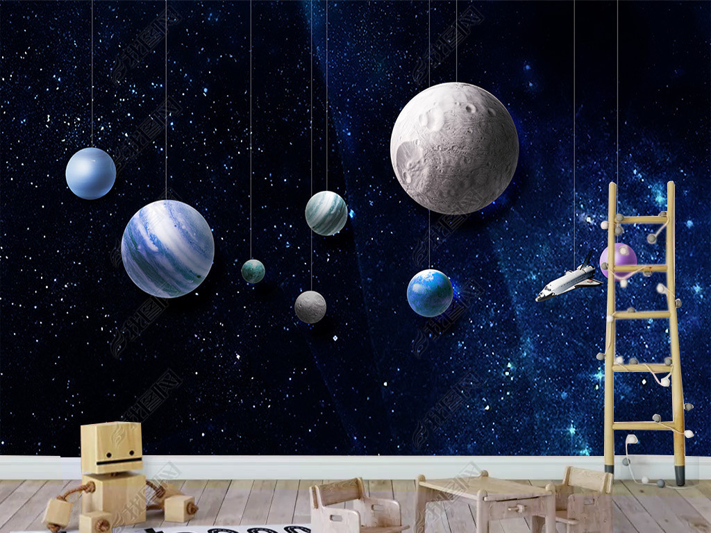 可爱卡通星空夜空太空宇宙儿童房背景墙壁画