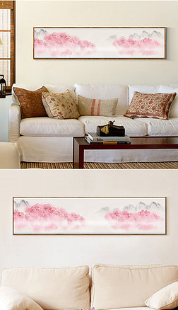 水墨山水桃花床头装饰画新中式唯美桃花林