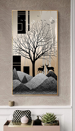 北欧黑白树枝梅花鹿装饰画背景墙