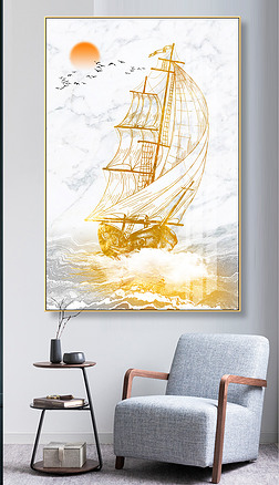 抽象金色一帆风顺帆船玄关大理石纹装饰画