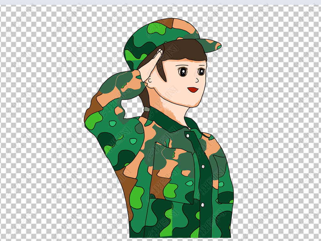 原创军训学生装饰元素手绘卡通女孩军训迷彩服原创元素版权可商用