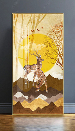 新中式梅花鹿发财树金色玄关晶瓷装饰画