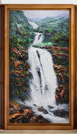 纯手绘瀑布绿地流水抽象油画艺术玄关