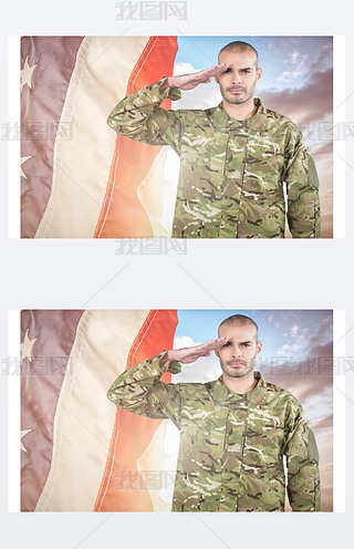 士兵向飘扬的美国国旗敬礼