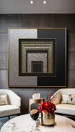 构成空间黑白画装饰画|抽象金色方形几何线条空间黑白轻奢装饰画