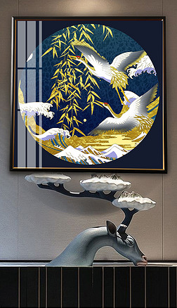 祥云鹤玄关装饰画|新中式金色祥云仙鹤民俗装饰画客厅圆框画挂画玄关