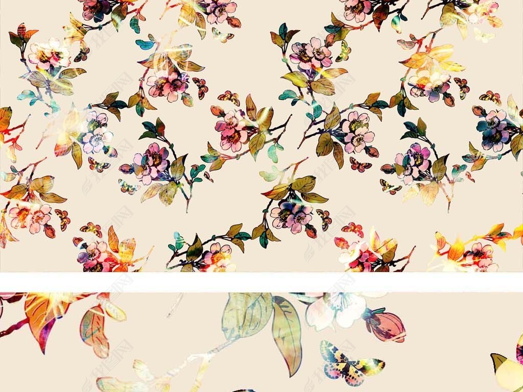 浅咖色复古植物花卉花纹数码印花图案