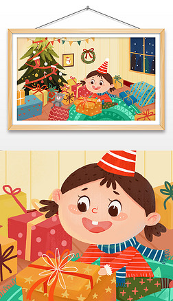手绘卡通小清新小女孩拆礼物圣诞节插画