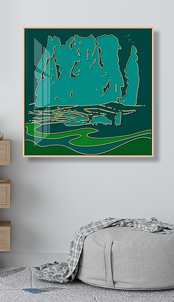 雕刻风景山水图案装饰画|现代北欧简约风景纹样抽象线条装饰画壁画