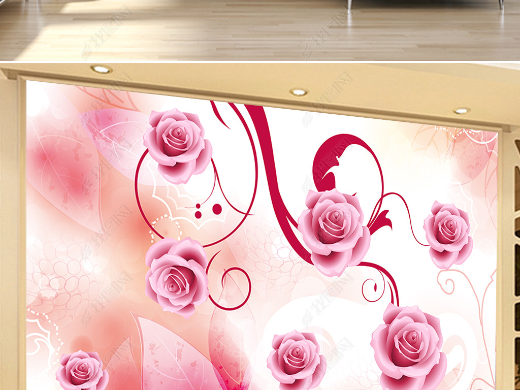 粉色玫瑰花轻奢植物花朵客厅背景墙装饰画