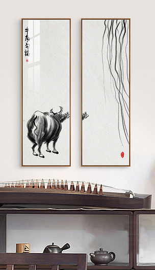 牛角勾福新中式手绘意境水墨客厅装饰画挂画