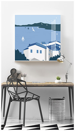 北欧装饰画海边房子现代抽象几何风景装饰画