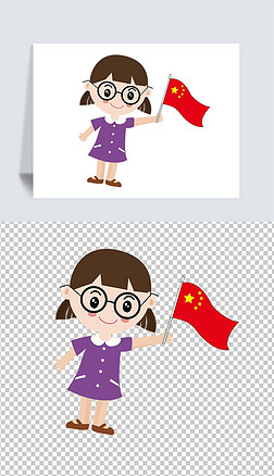 黑白十一国庆节举国旗子小女孩学生免扣png素材