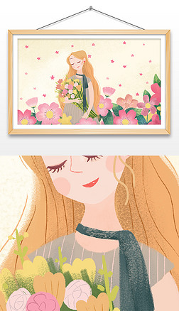 手绘治愈系小清新文艺小女孩站在花丛中插画