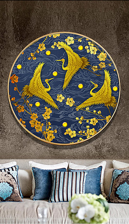 梅花 祥云装饰画|新中式祥云梅花仙鹤圆形装饰画