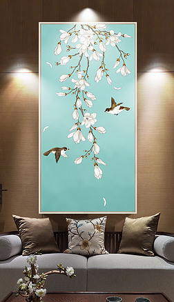 新中式白玉兰工笔花鸟玄关装饰画