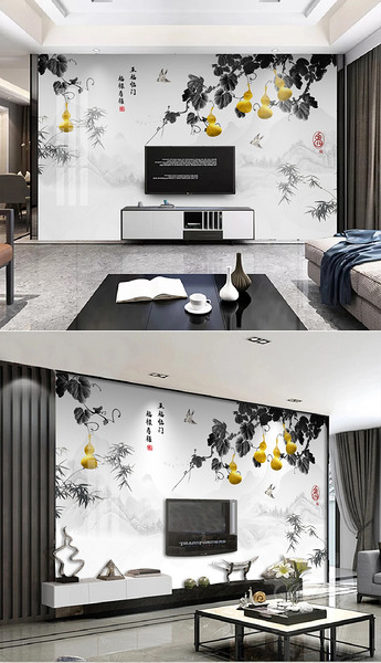 新中式金色水墨葫芦五福临门电视背景墙