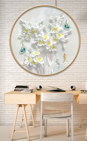 中国风新中式茉莉花浮雕民俗装饰画客厅晶瓷画圆框画
