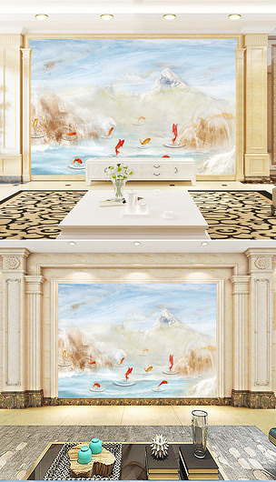 鲤鱼跃龙门锦鲤山水大理石背景墙