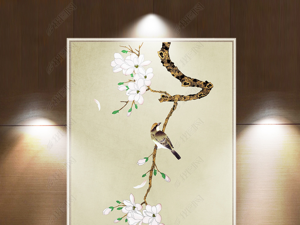 白玉兰新中式工笔花鸟玄关背景墙挂画装饰画
