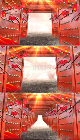 中国风大红门皇宫宫殿大门戏曲梅花LED视频
