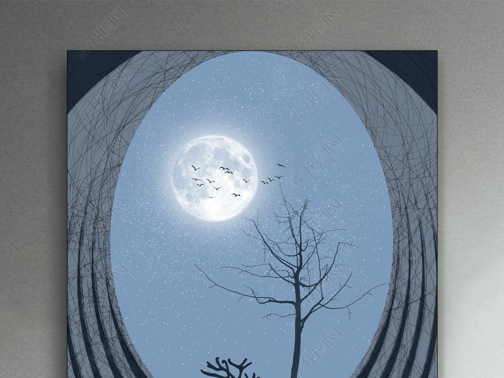 镜中望月中秋圆月夜抽象风景北欧现代装饰画