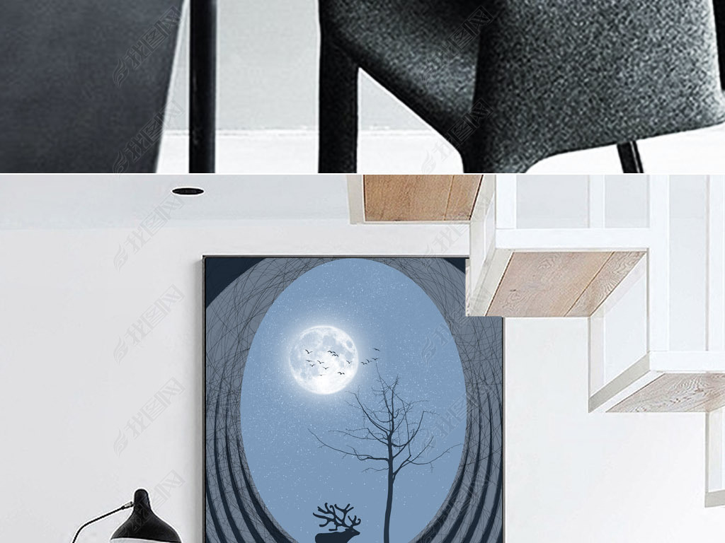 镜中望月中秋圆月夜抽象风景北欧现代装饰画