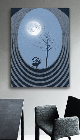 镜中望月中秋圆月夜抽象风景北欧现代装饰画