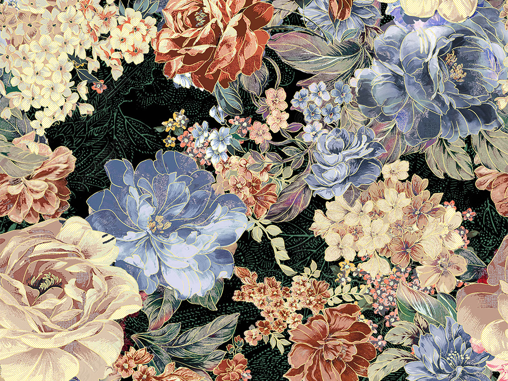 黑底黄蓝色奢华欧式花卉服装图案