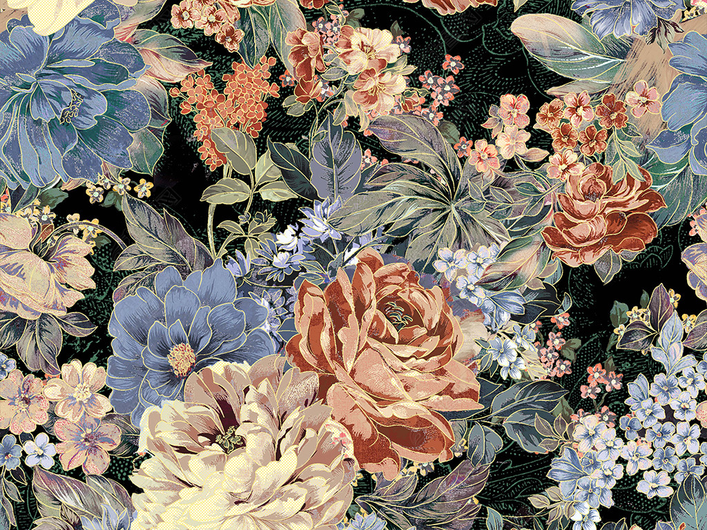 黑底黄蓝色奢华欧式花卉服装图案