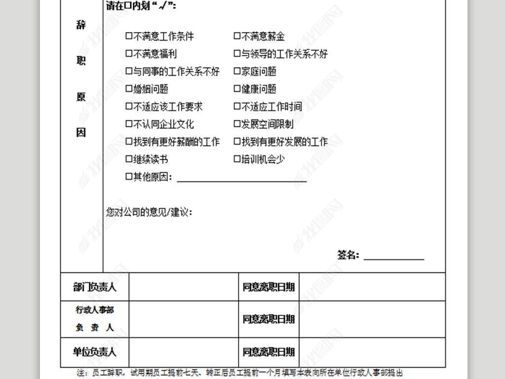 公司企业员工辞职申请表人事调查表模版