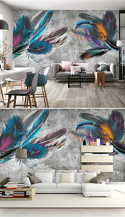 复古北欧现代简约彩色羽毛线条电视背景墙壁画