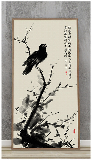 新中式写意水墨花鸟画八哥客厅装饰画玄关