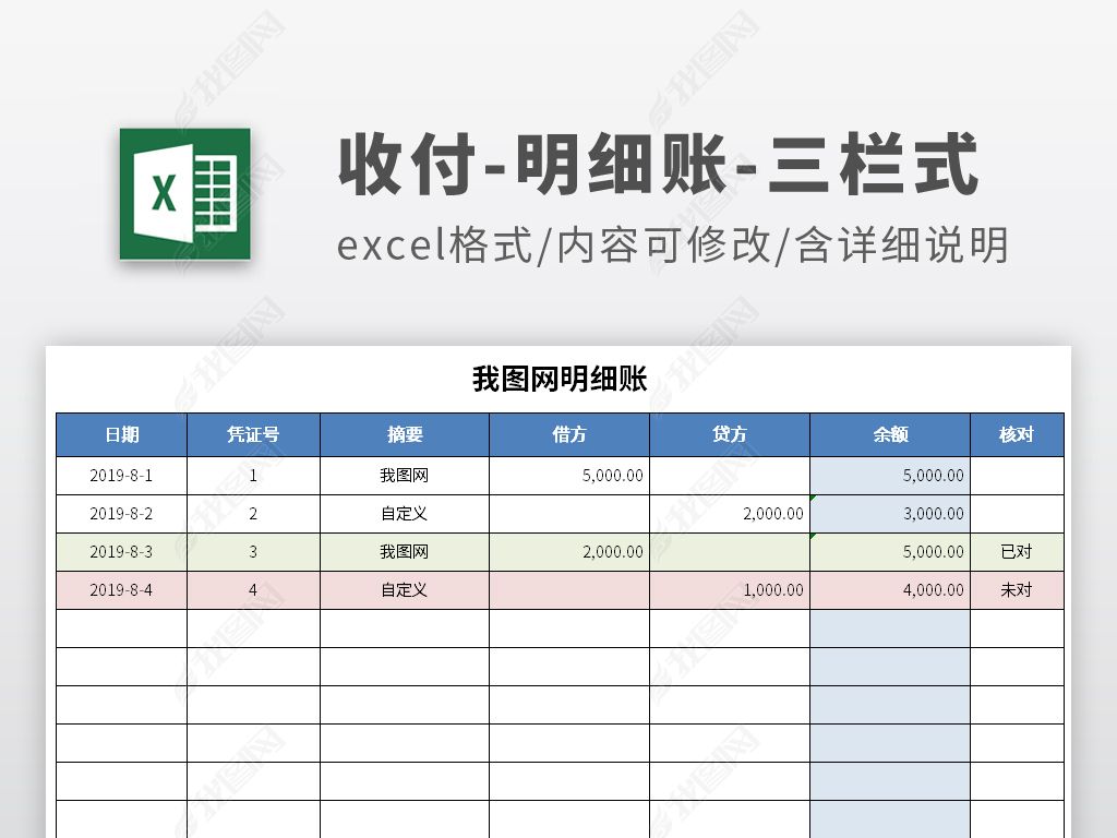 三栏式收支日记账表格模板应收应付明细账簿