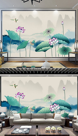 原创中式手绘荷花水墨山水电视沙发床头背景墙装饰画