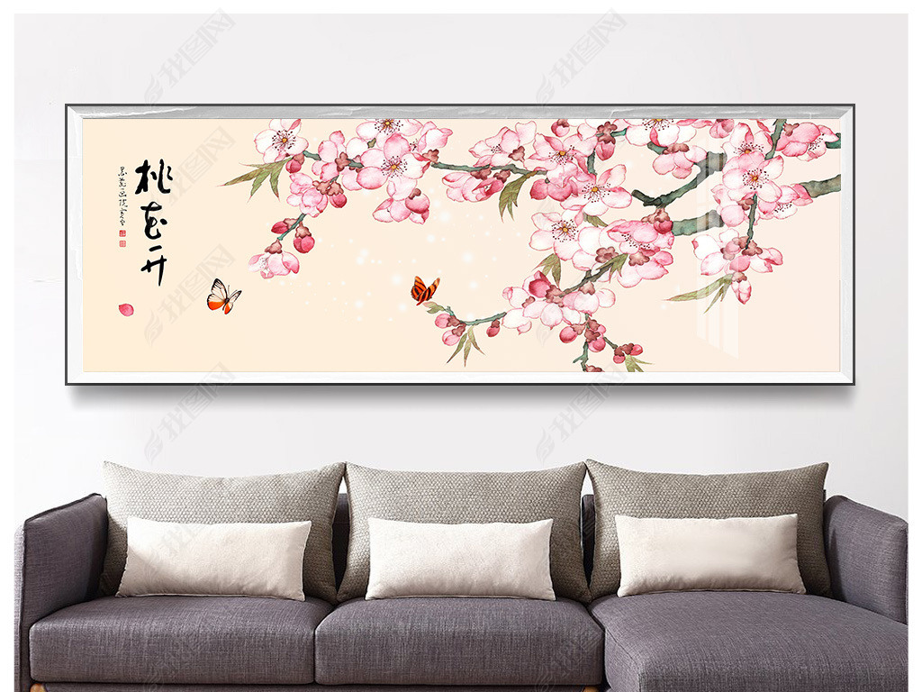 工笔桃花新中式花鸟无框画中式床头装饰画