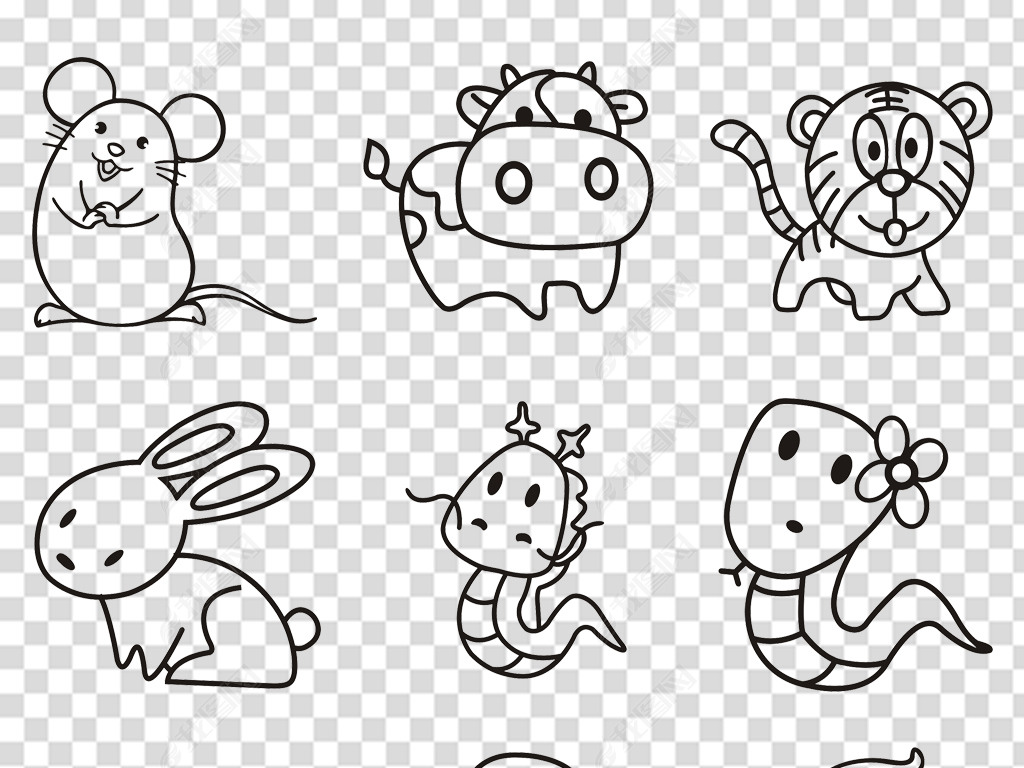 手绘线描简洁12生肖十二生肖cdr矢量图