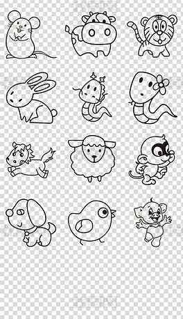 手绘线描简洁12生肖十二生肖cdr矢量图