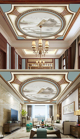 中式雅致复古风山水画天花吊顶壁画