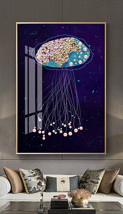 现代珐琅彩高档抽象水母轻奢玄关晶瓷装饰画