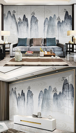 新中式艺术唯美山水画电视背景墙壁画