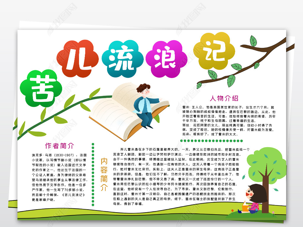 原创ps简单读书小报苦儿流浪记电子手抄报模板版权可商用