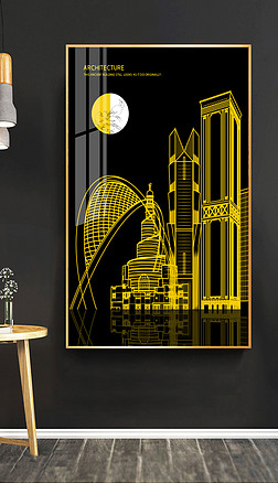 现代简约金色线条画几何建筑城市轻奢装饰画