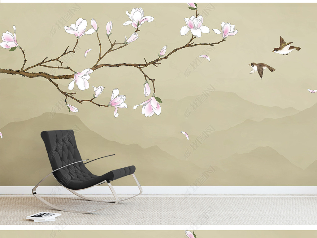 新中式手绘玉兰工笔花鸟山水背景墙装饰画下载-编号23104546-中式电视