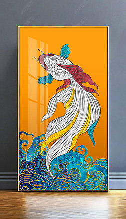 珐琅彩新中式海浪发财鱼玄关装饰画