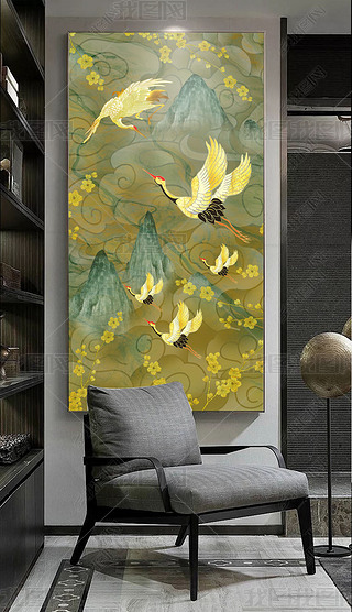 仿古梅花装饰画|手绘仿古祥云山水梅花仙鹤玄关装饰画